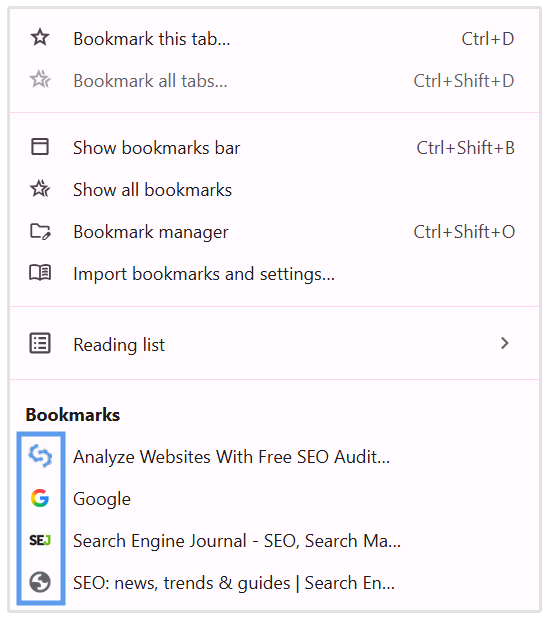 Bookmarks dropdown menu